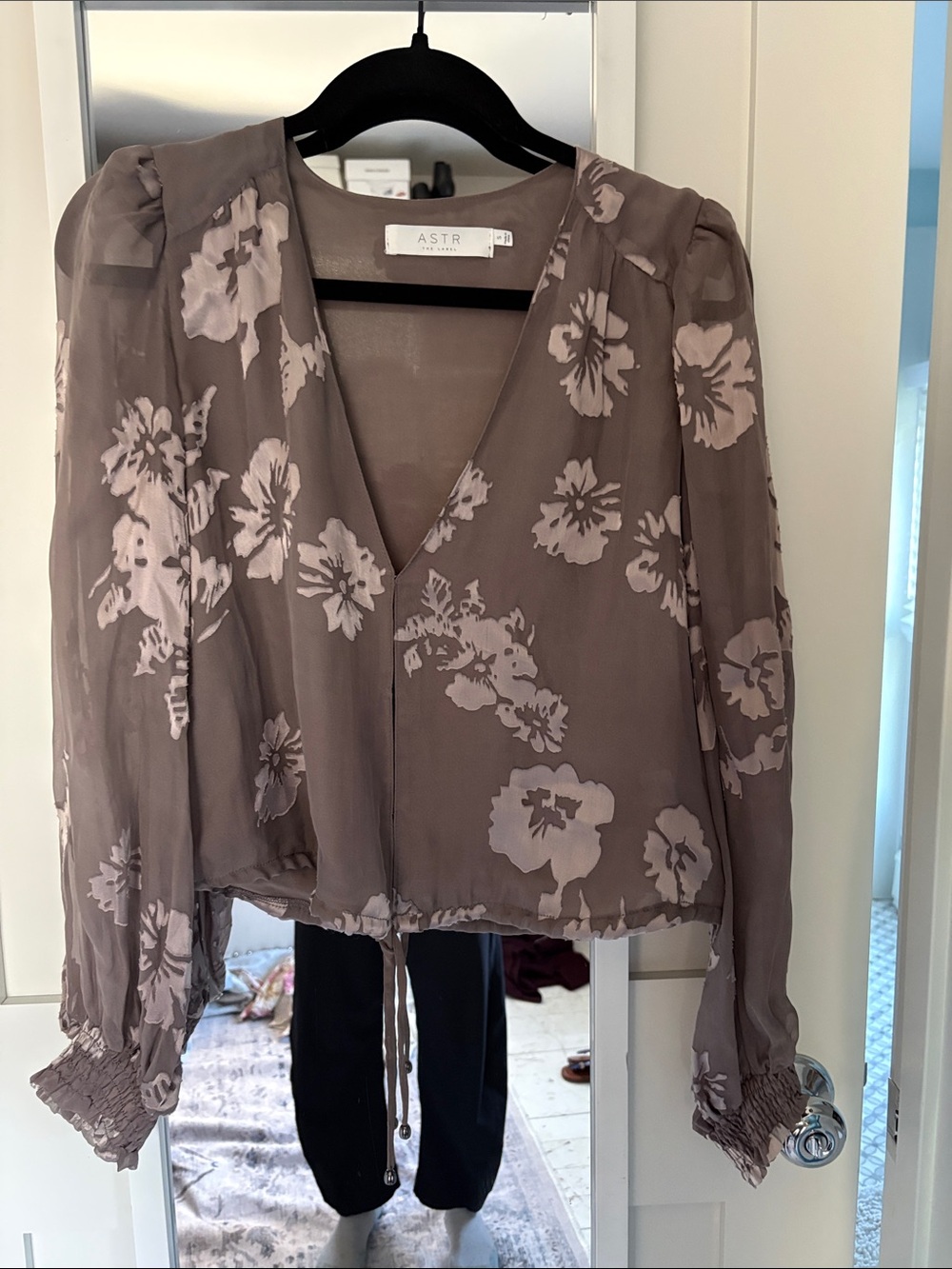 Astr Taupe and Pale Pink Floral V-Neck Blouse